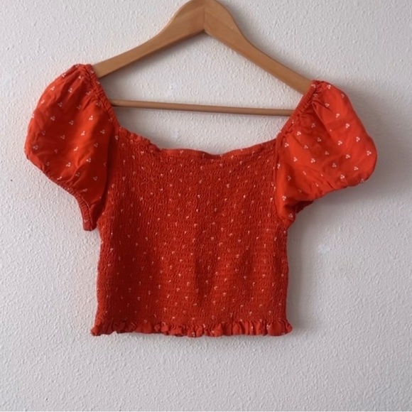 Japna Red Smocked Blouse with Puffed Short Sleeves - Picture 1 of 6